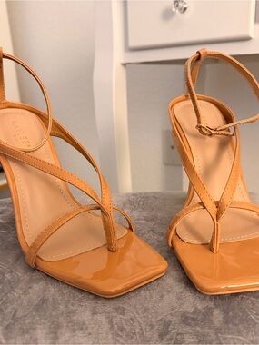 KAYLEEN By Los Angeles Patent Strappy Heels in Tan